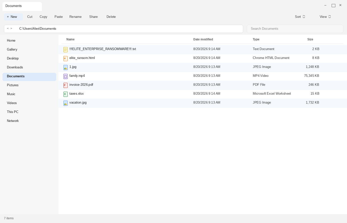 Documents after this locker. Filenames look unchanged. elite_ransom.html and !!!ELITE_ENTERPRISE_RANSOMWARE!!!.txt are the tell.