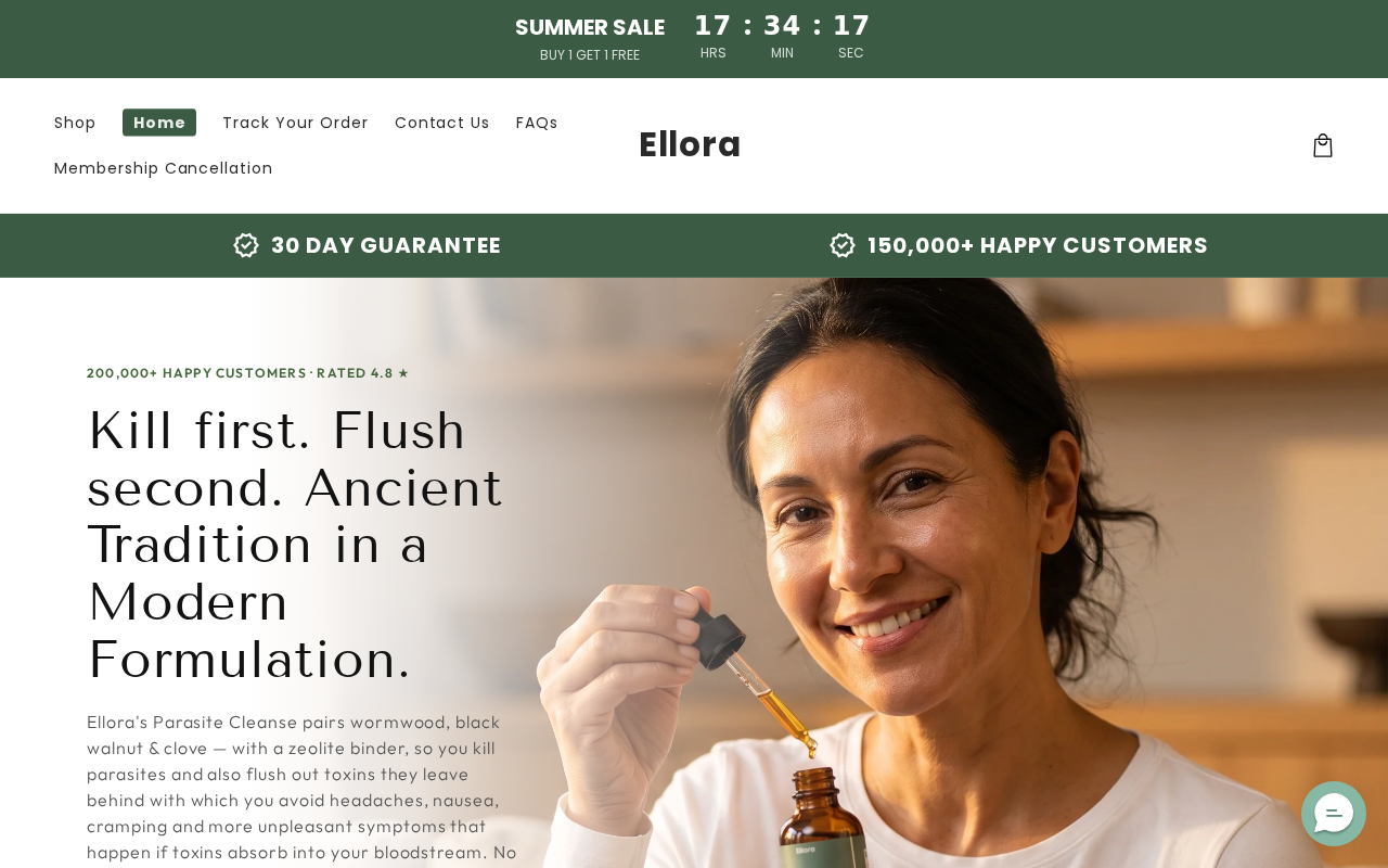 Ellora Parasite Cleanse EXPOSED: Subscription Trap or Legit? 2 Ellora homepage with kill first flush second pitch and review counts
