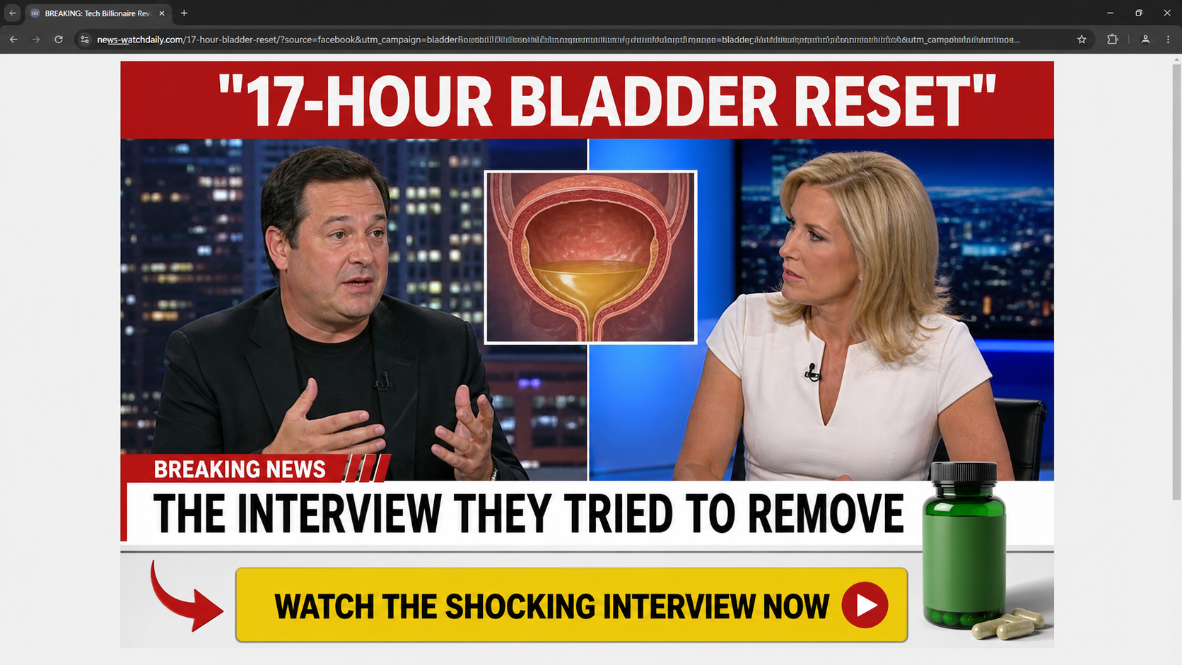 Elon Musk Bladder Cure Scam: Fake Fox News AI Ads Exposed 1 Reconstruction of a fake cable news bladder cure ad using fictional people and an unbranded supplement