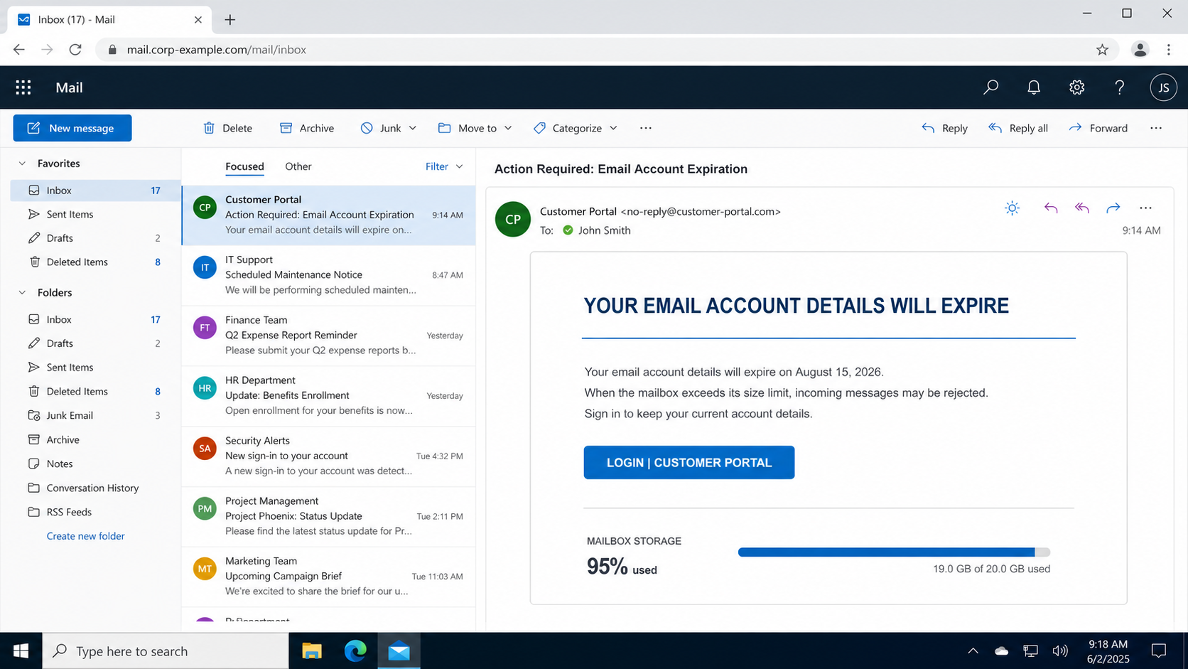 Reconstructed Email Account Details Will Expire phishing email