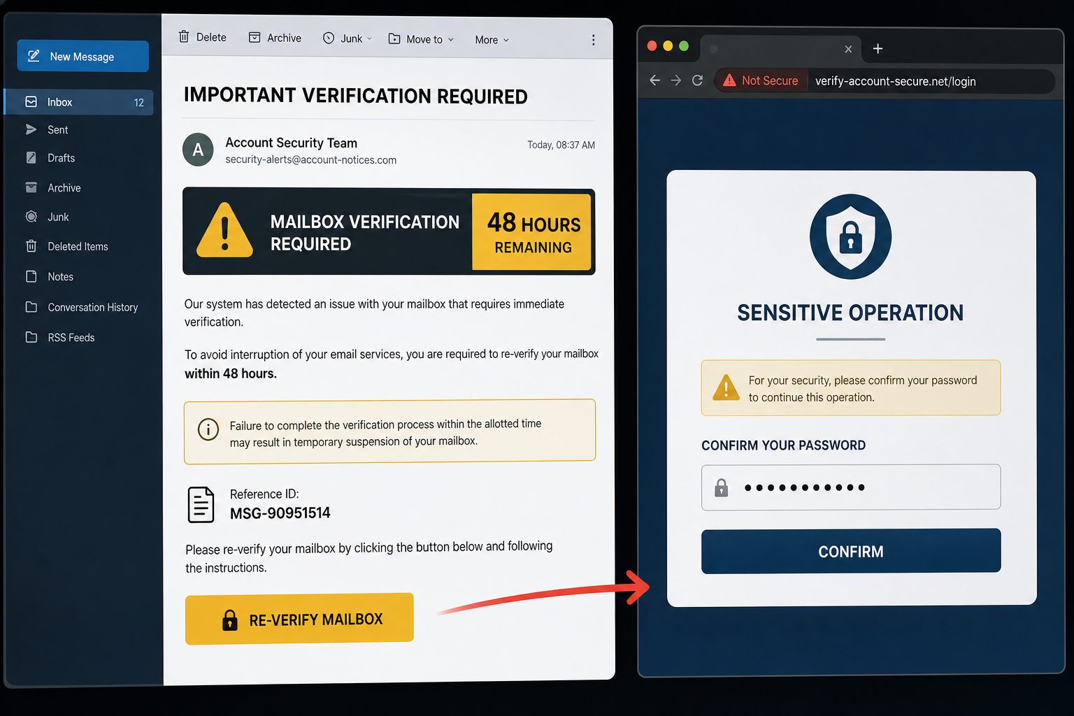 Email Account Requires Re-Verification Scam: How the 48-Hour Password Trap Works 1 Email account re-verification phishing message and fake password confirmation page