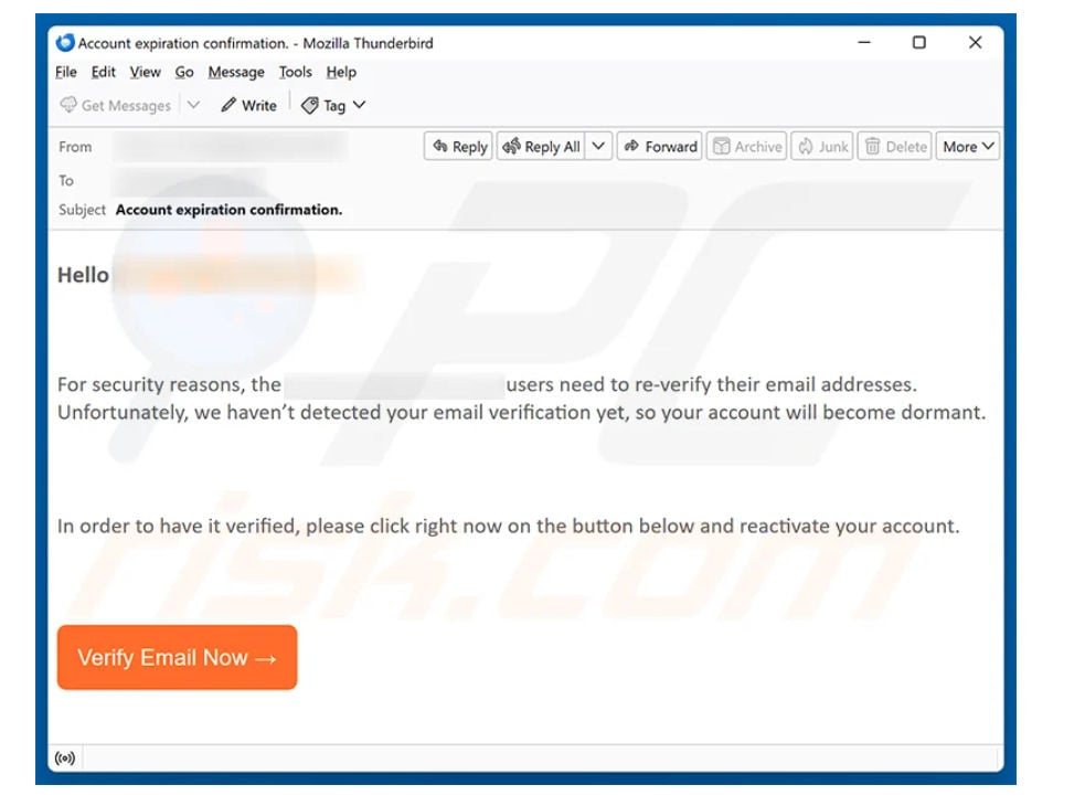 Email Address Re-verification Scam: Fake cPanel Login Warning 2 Email Address Re-verification scam message with Account expiration confirmation subject