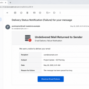 Reconstruction of a fake email delivery failure notification with a resolve button