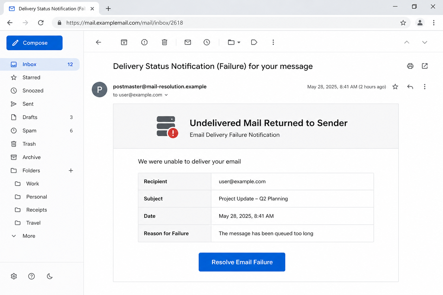 Email Delivery Failure Notification Scam Steals Your Webmail Login Password 1 Reconstruction of a fake email delivery failure notification with a resolve button