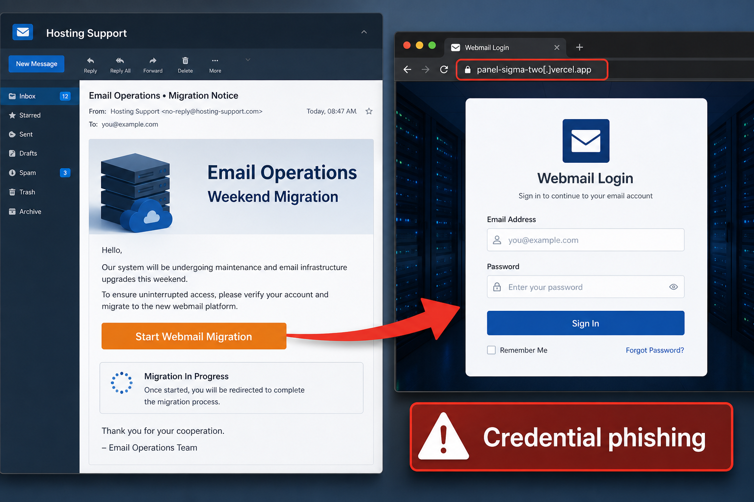 Email Migration Notice Scam: How the Fake Webmail Upgrade Steals Your Password 1 Email Migration Notice phishing email leading to a fake Webmail login