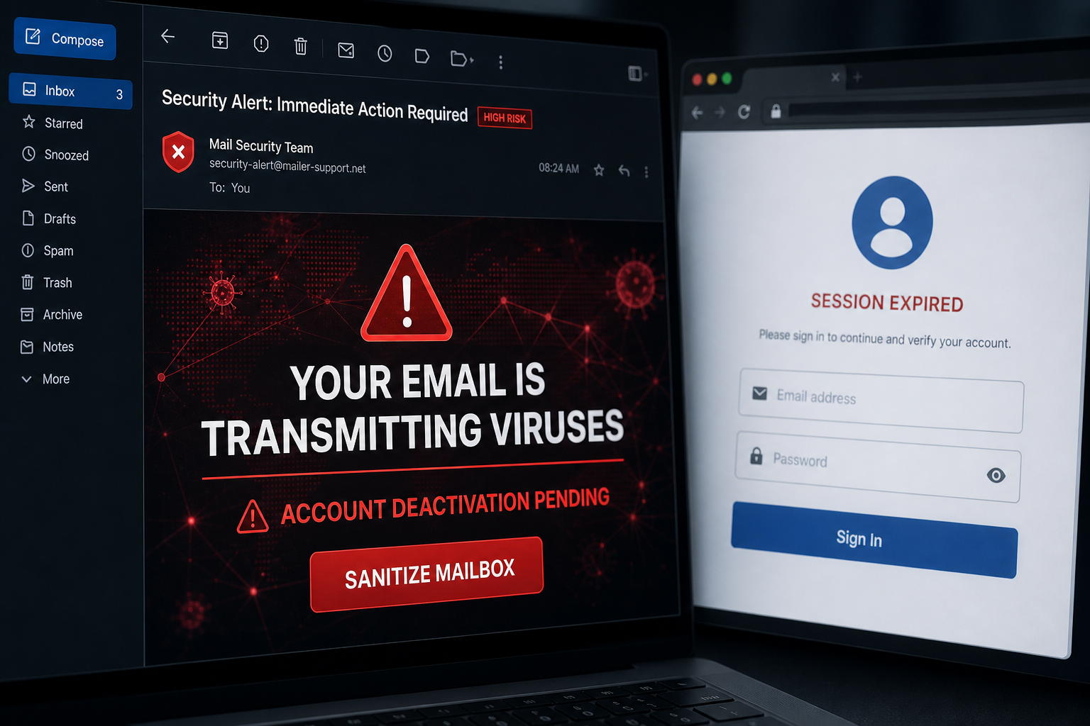 Email Account Is Transmitting Viruses Scam: Fake Alert Steals Your Password 1 Fake email virus transmission alert leading to a counterfeit sign-in page