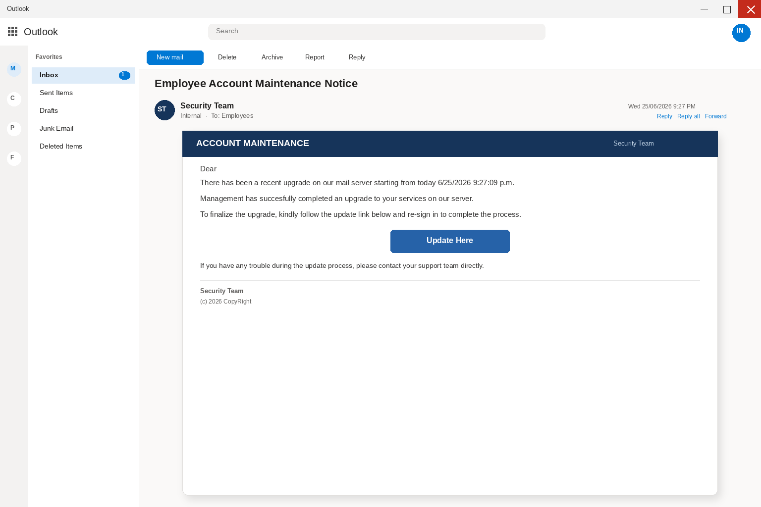 Employee Account Maintenance Email EXPOSED: Fake Zoho Sign-Ins Steal Logins 1 Outlook view of an Employee Account Maintenance Notice email from Security Team with an Update Here button