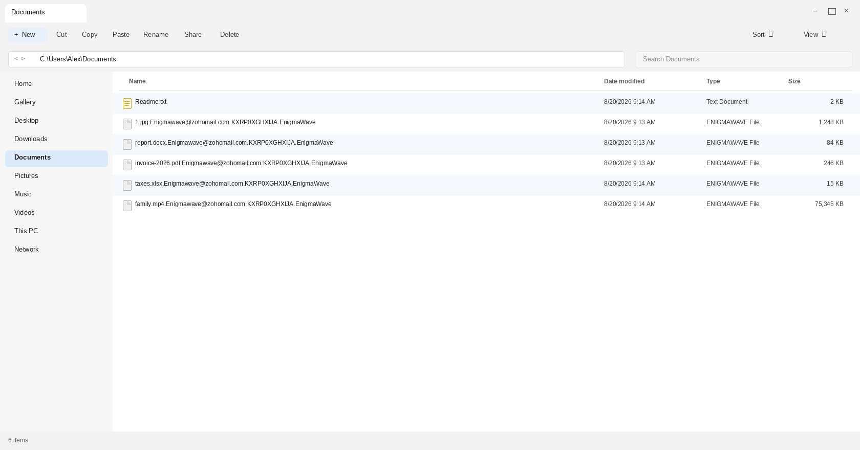 Encrypted files after EnigmaWave. The .EnigmaWave names and Readme.txt are the tell.