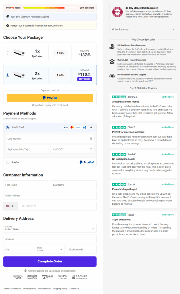 EpiCooler checkout image showing two units selected and a countdown timer