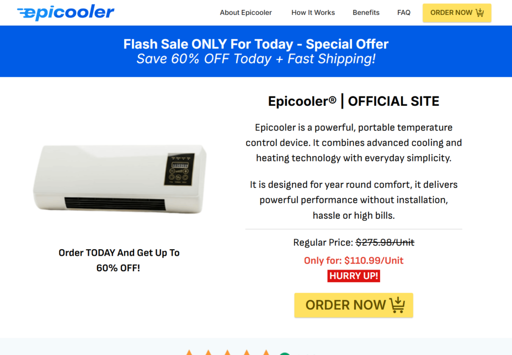 EpiCooler sales page advertising a hose-free wall device as an air conditioner