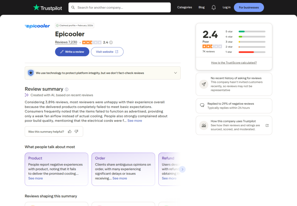 EpiCooler Trustpilot profile showing 2.4 from 7230 reviews