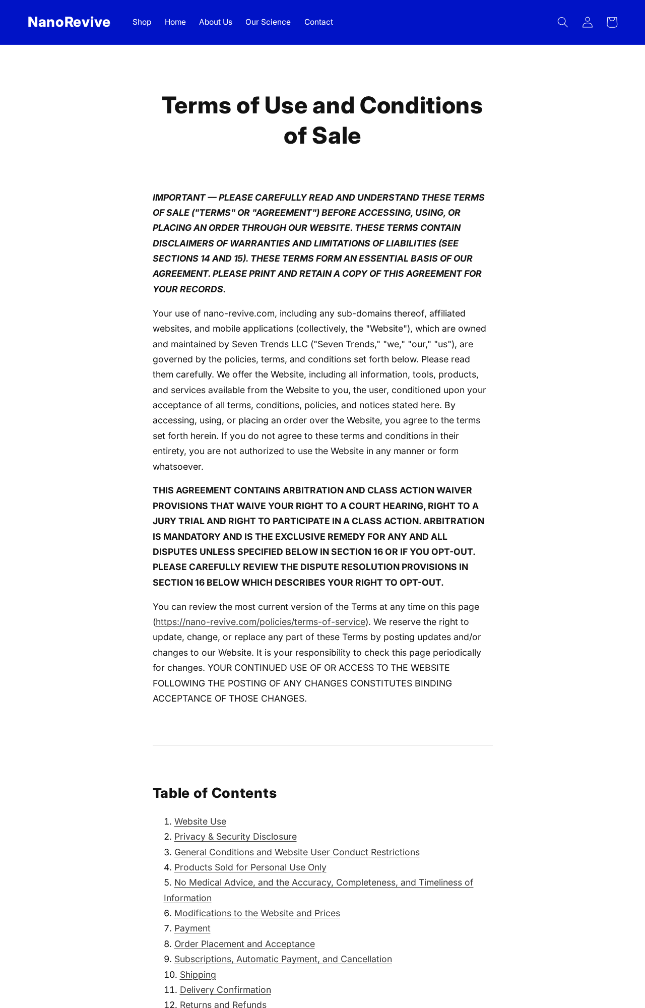 NanoRevive terms explaining automatic subscription billing and cancellation requirements
