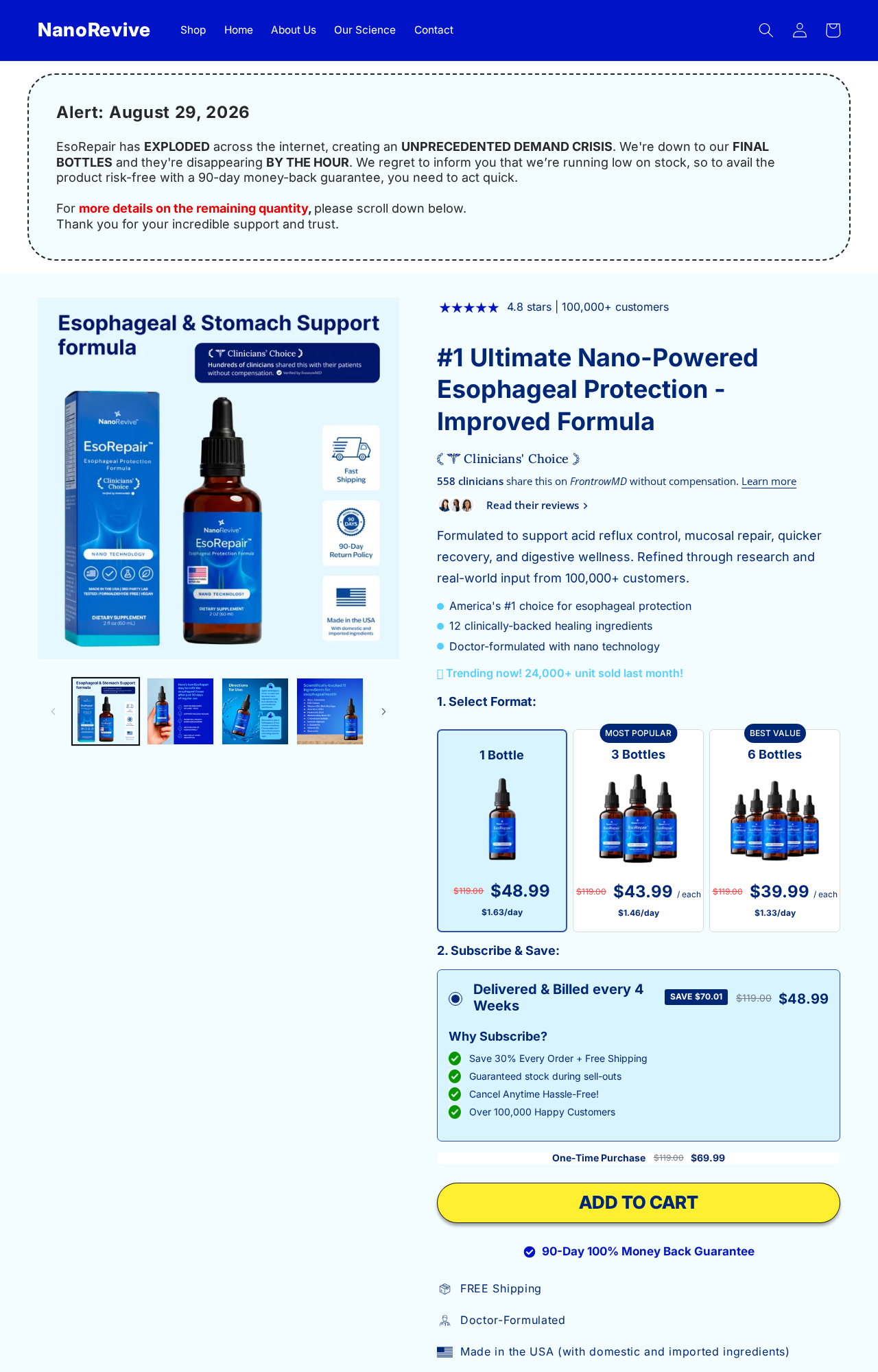 NanoRevive EsoRepair sales page with Subscribe and Save delivered and billed every four weeks