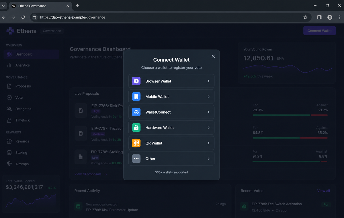 Ethena Voting Rewards Scam Can Drain Your Wallet Through a Fake DAO Vote 2 Realistic reconstruction of the wallet connection modal on the fake Ethena site