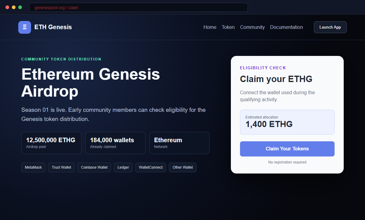 Ethereum Genesis Airdrop Scam Can Steal Your Entire Wallet Recovery Phrase 1 Reconstruction of the fraudulent Ethereum Genesis airdrop page on genesispool.org