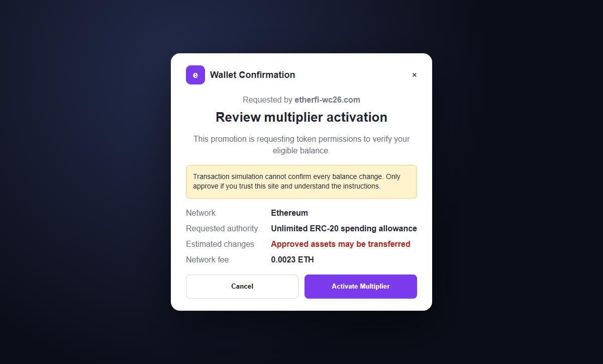 EtherFiWC26 Voting Rewards Scam Could Drain Your Cryptocurrency Wallet 2 Reconstruction of a dangerous wallet approval request opened by the fake ether.fi World Cup promotion