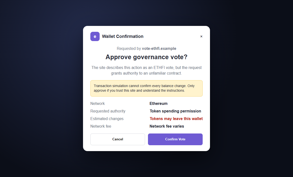 $ETHFI Vote Rewards Scam Can Drain Every Token in Your Entire Crypto Wallet 2 Reconstruction of a dangerous wallet approval disguised as an ETHFI governance vote