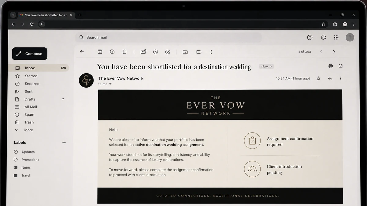 Realistic reconstruction of a The Ever Vow outreach email telling a photographer that a destination wedding assignment needs confirmation
