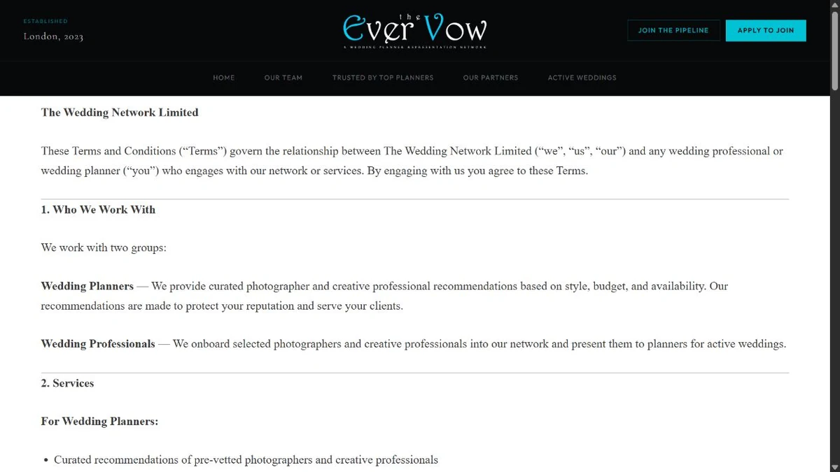 Authentic screenshot of The Ever Vow terms stating that wedding professionals do not pay fees charges or commissions