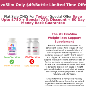 EvoSlim weight loss supplement page showing the advertised bottle and Ignitra replacement