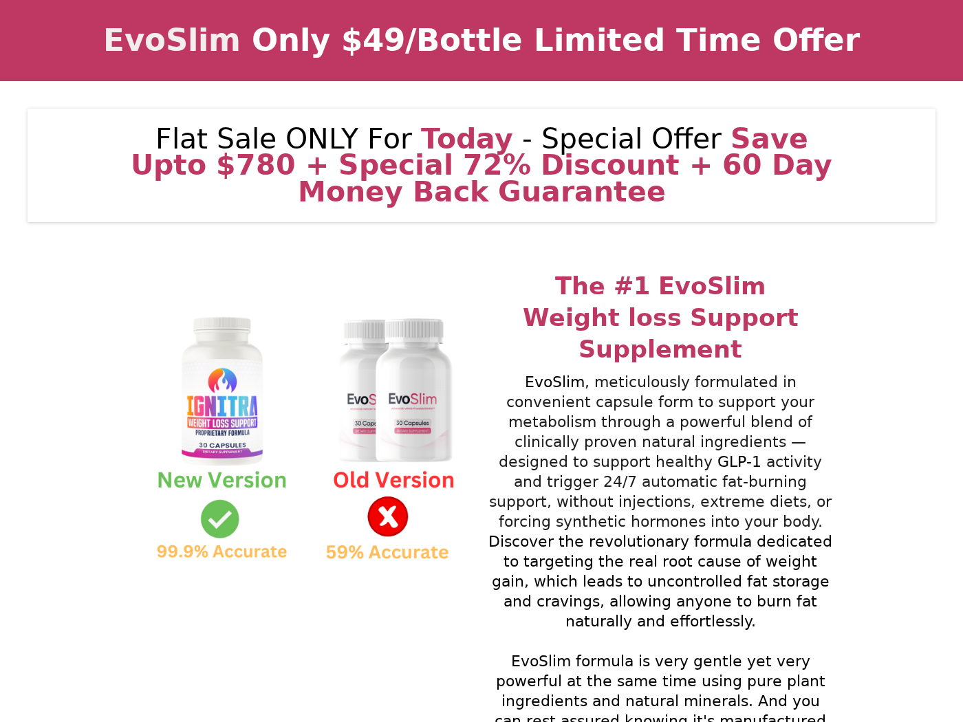 EvoSlim Exposed: Fake or Real? Our Weight Loss Investigation Reveals All 1 EvoSlim weight loss supplement page showing the advertised bottle and Ignitra replacement