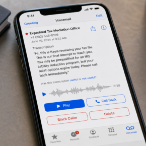 Example of an Expedited Tax Mediation Office scam voicemail