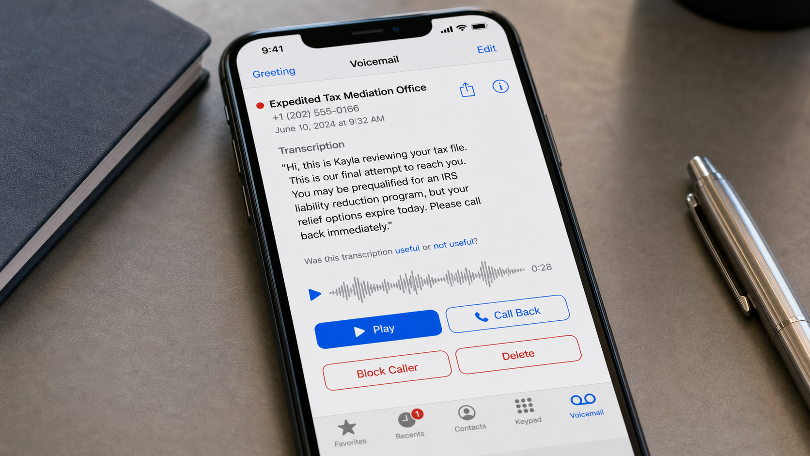 Example of an Expedited Tax Mediation Office scam voicemail
