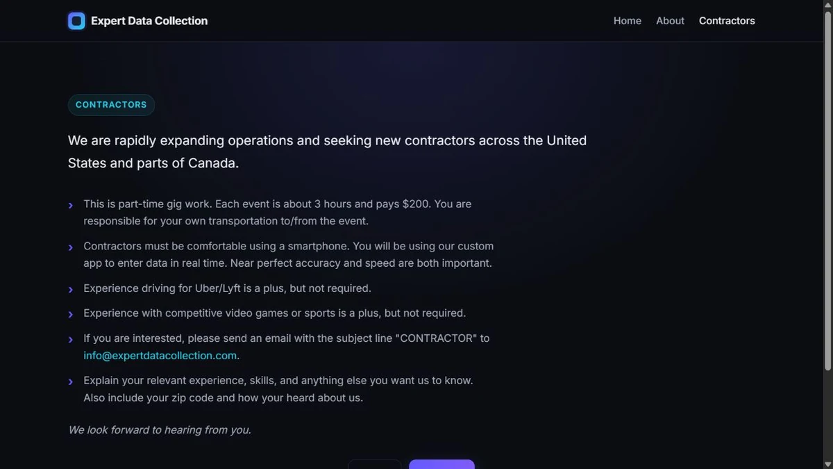 Expert Data Collection Job Promises $66 an Hour 2 Authentic screenshot of the Expert Data Collection contractor page offering $200 for about three hours of smartphone-based event work