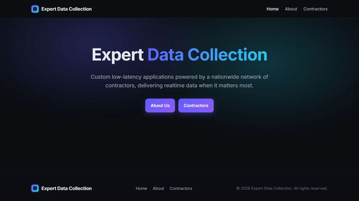 Expert Data Collection Job Promises $66 an Hour 1 Authentic screenshot of the Expert Data Collection homepage describing a nationwide contractor network and real-time data work
