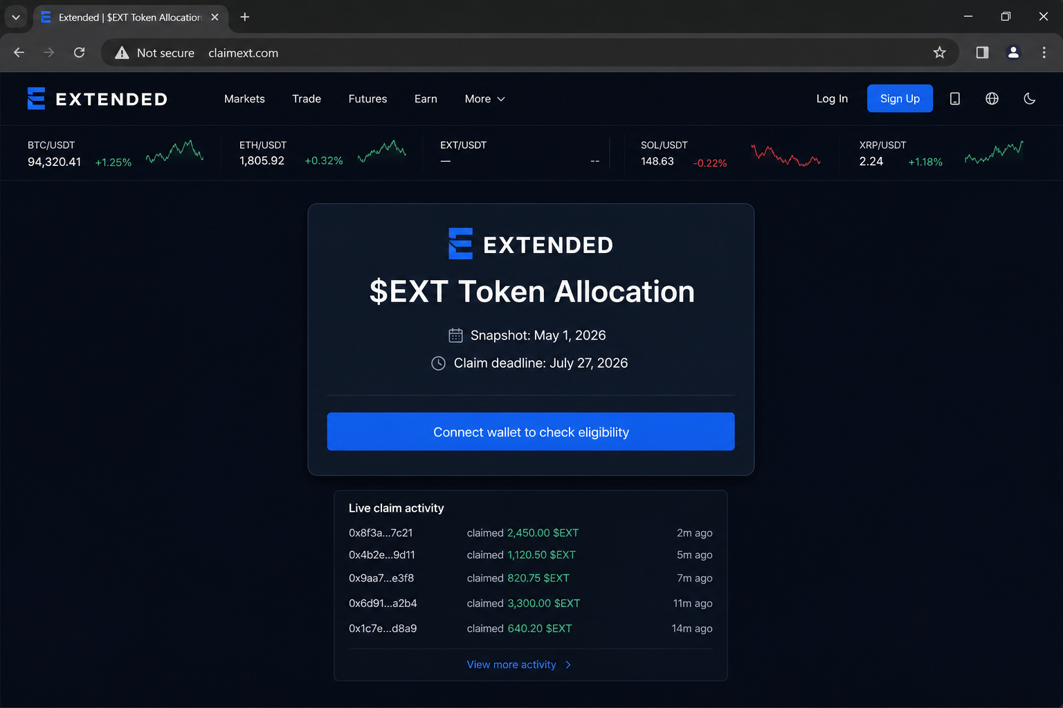 Reconstruction of the fake Extended $EXT token allocation claim page