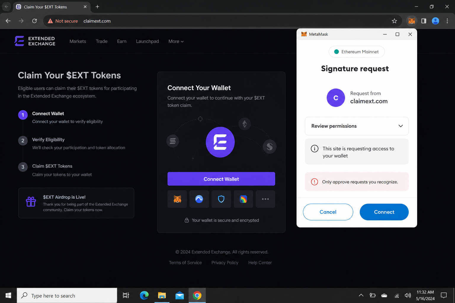 Reconstruction of a suspicious wallet request from the fake Extended page