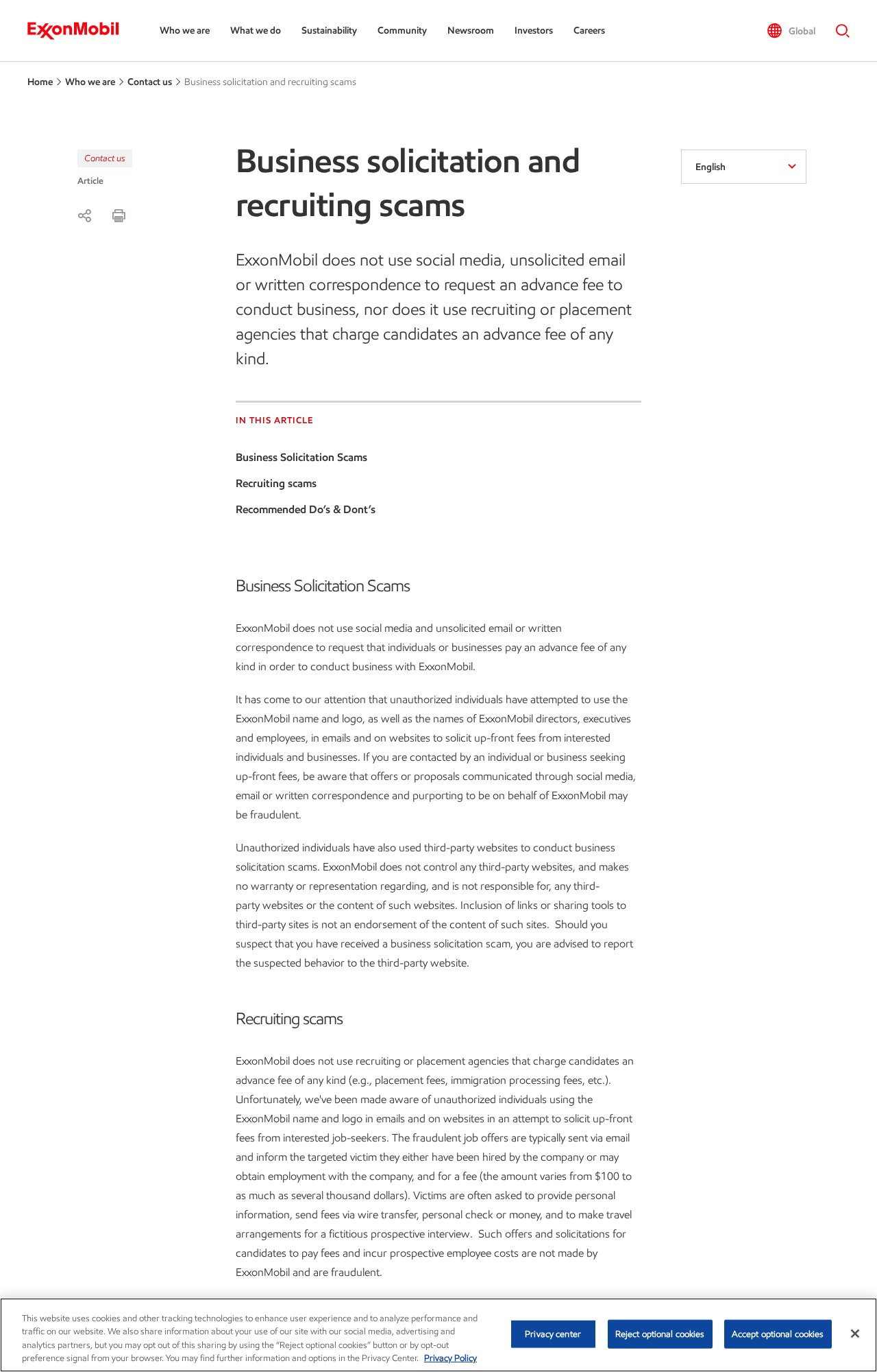 Official ExxonMobil warning page about fraudulent business solicitations and suspicious attachments