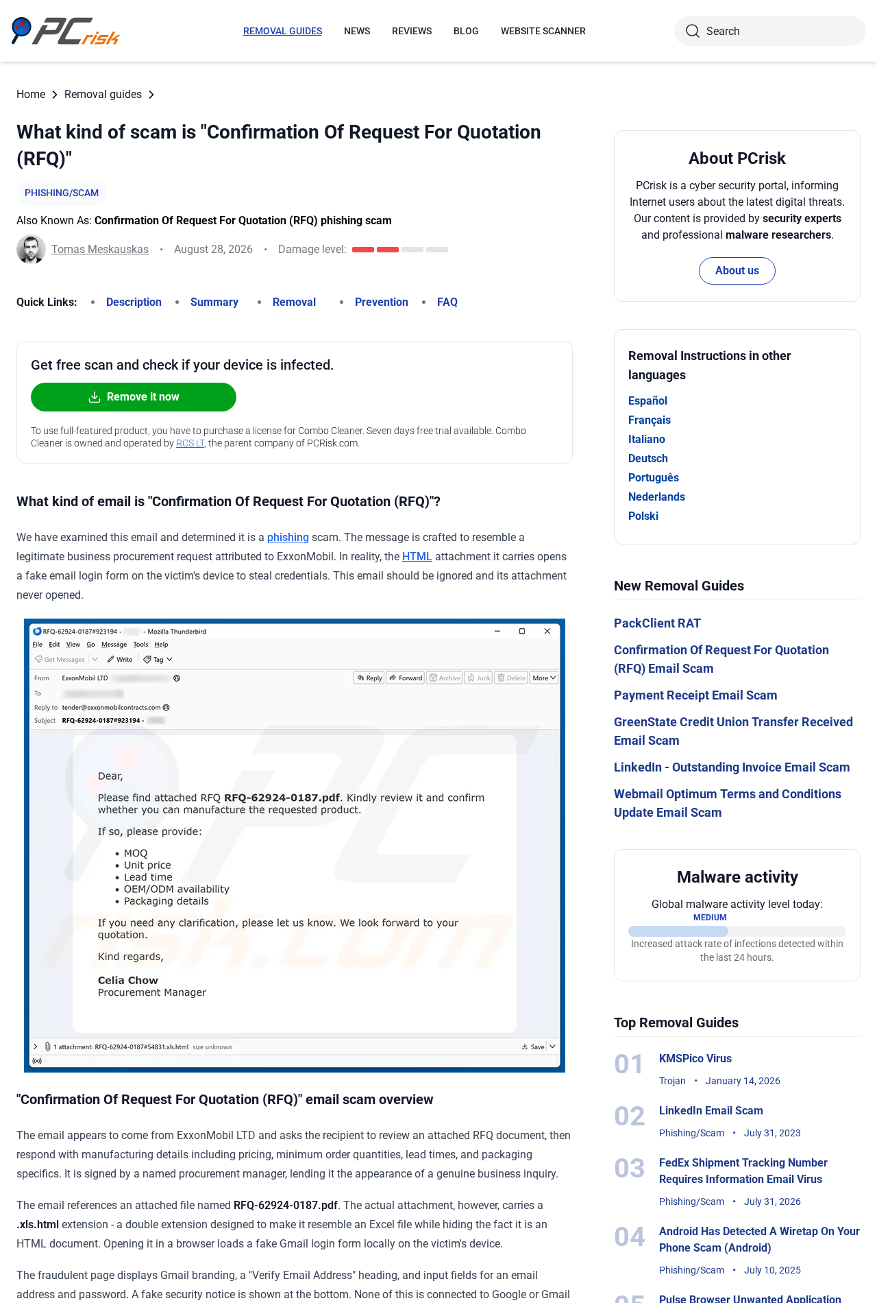 Security analysis page showing the fake ExxonMobil request for quotation email and deceptive attachment