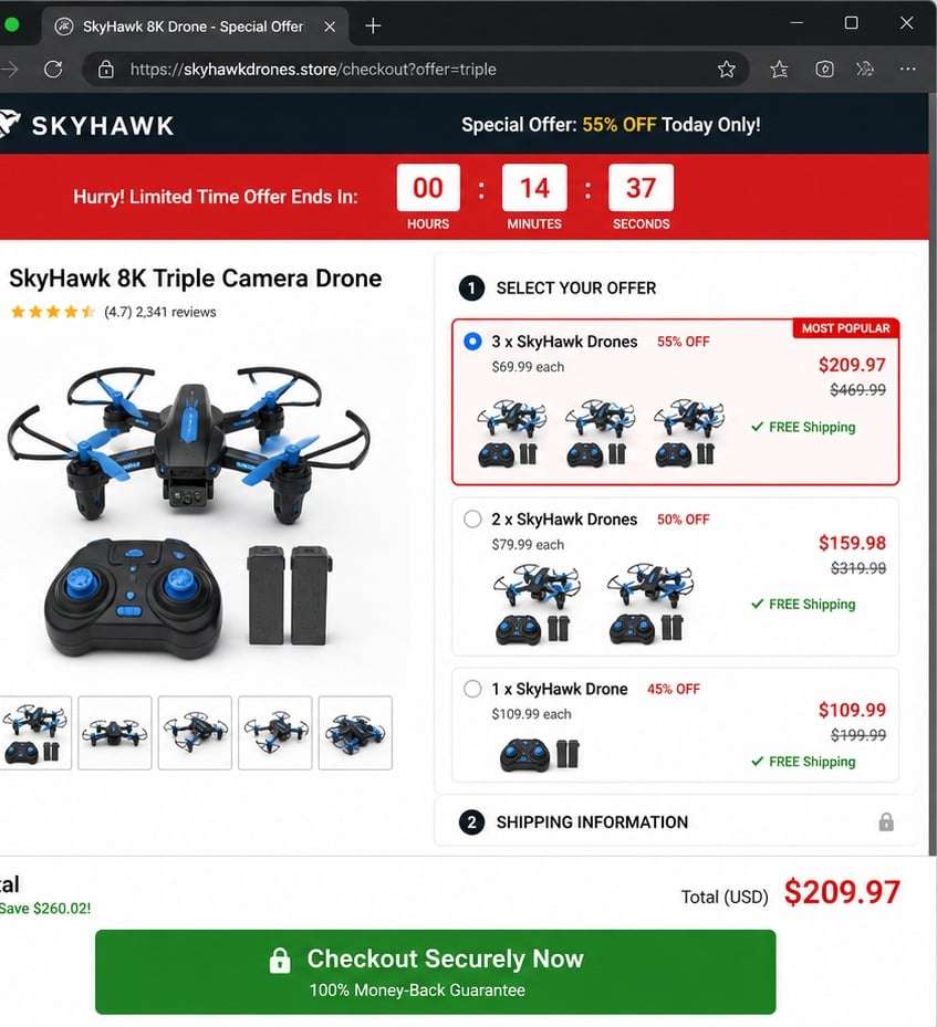 Fake 8K Drone Clearance Scam: Stolen DJI Videos and Cheap Knockoff Deliveries 2 Urgent drone checkout page with a preselected three-unit bundle