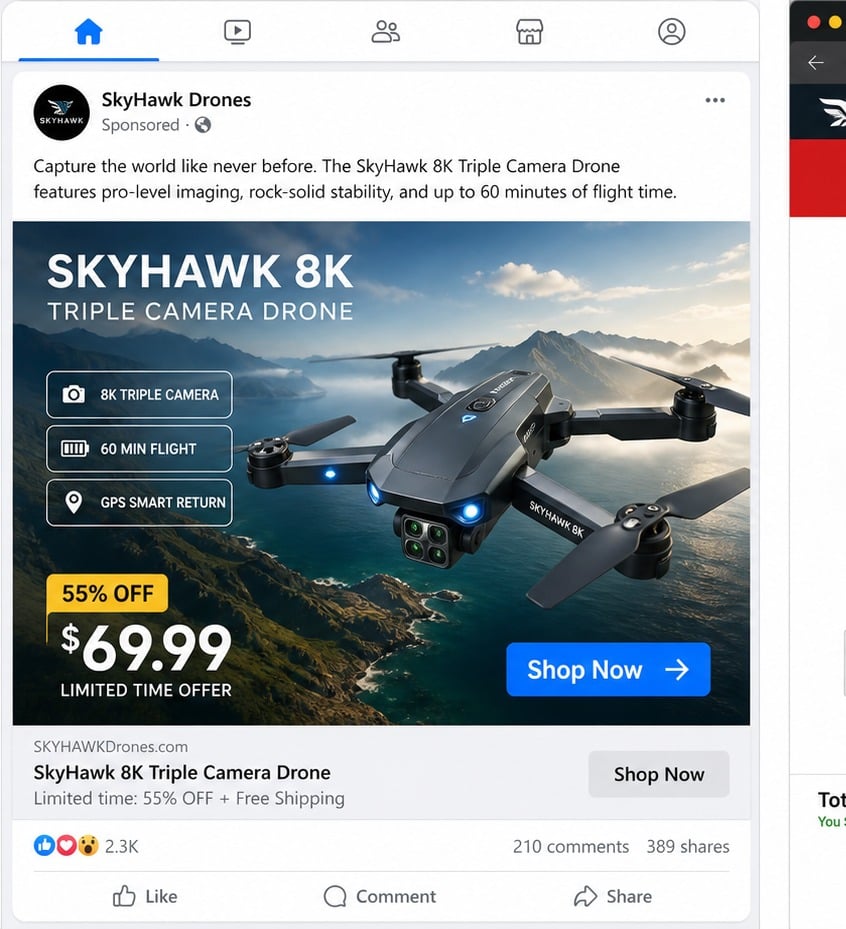 Fake 8K Drone Clearance Scam: Stolen DJI Videos and Cheap Knockoff Deliveries 1 Sponsored social media ad promoting a fictional 8K triple camera drone for $69.99