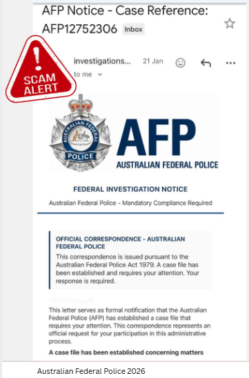 Fake Australian Federal Police investigation notice using an AFP logo and case reference