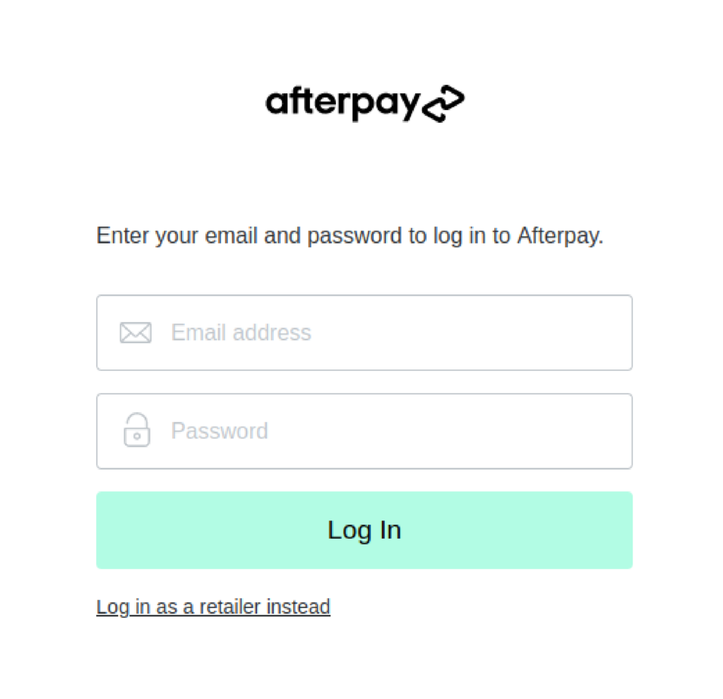 Copied Afterpay login page used to steal email addresses and passwords