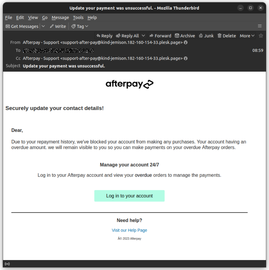 Fake Afterpay email claiming a payment failed and the account was blocked