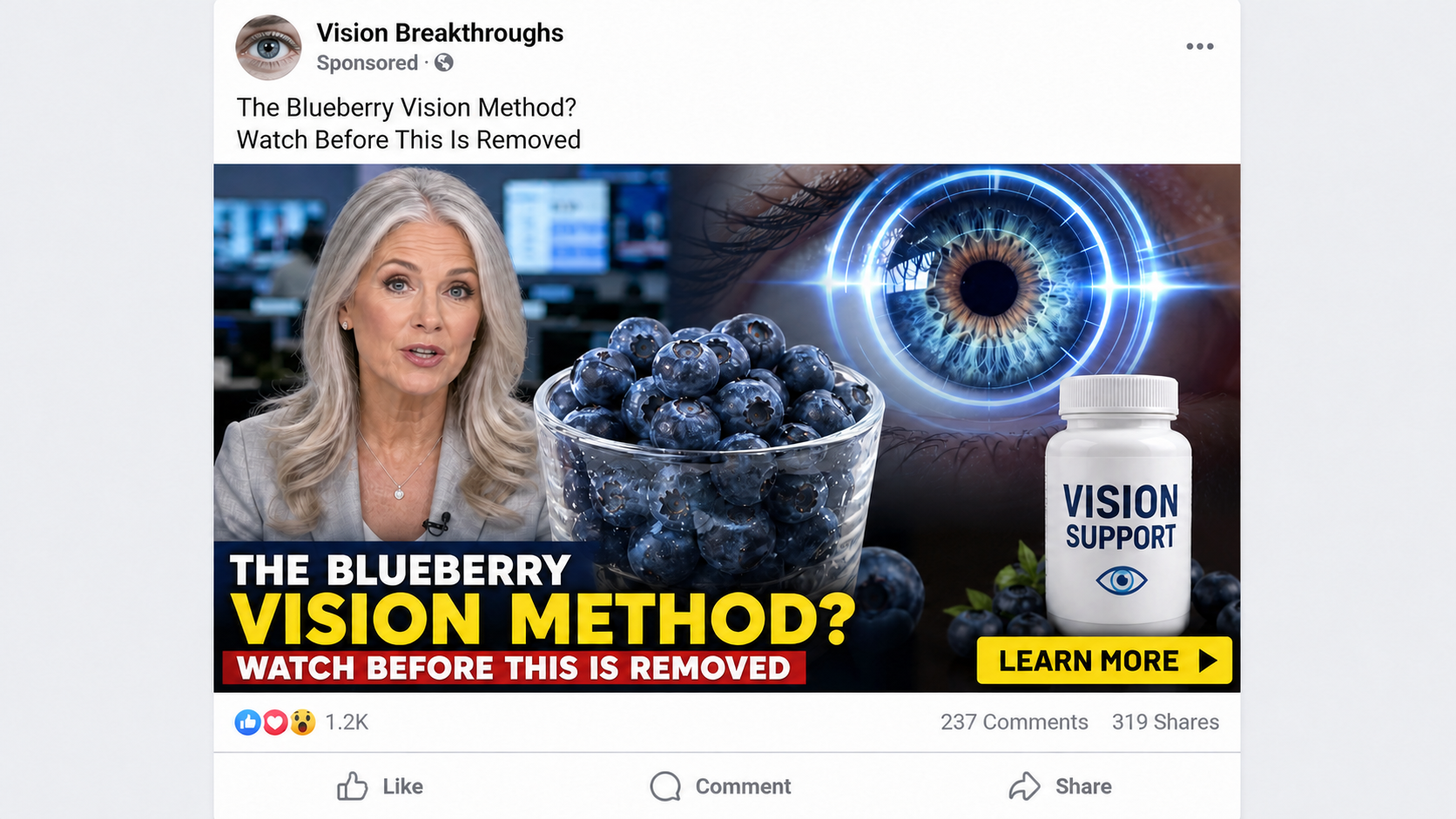 Deceptive social media ad promoting a fictional blueberry vision method