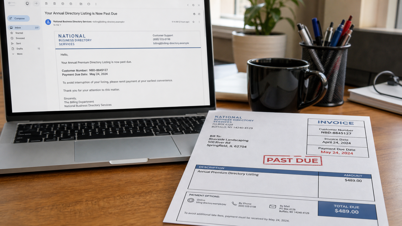 Realistic past-due invoice for a fictional business directory listing that was never ordered