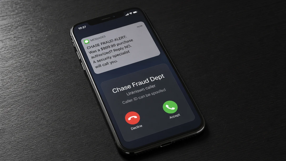 Realistic reconstruction of a fake Chase fraud alert call followed by a text showing a $999.99 unauthorized charge