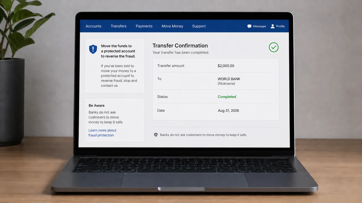 Realistic reconstruction of an online banking transfer screen sending $2,000 to a supposed World Bank safe account