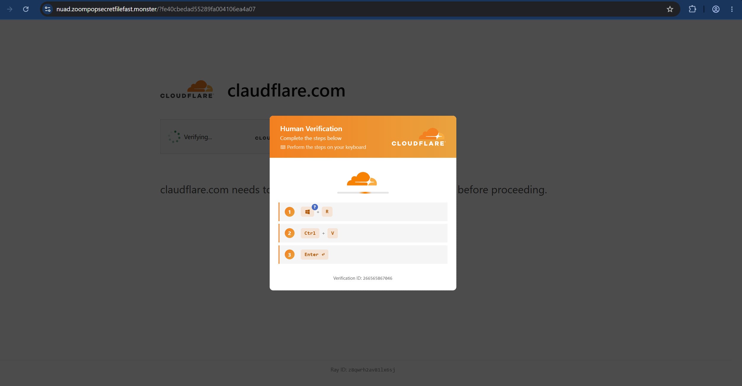 Fake Cloudflare Human Verification page telling visitors to press Windows R, Ctrl V and Enter