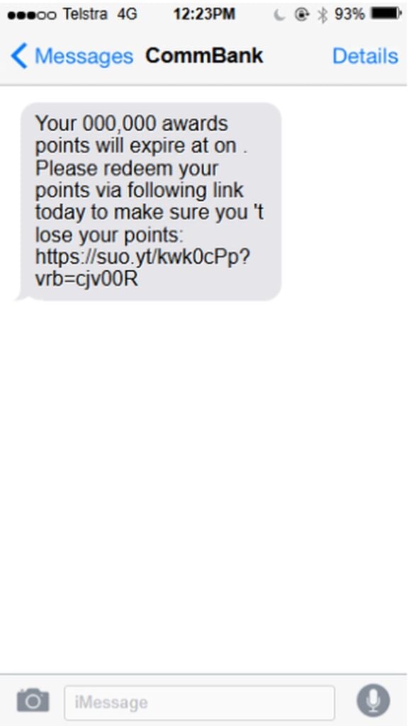 Fake CommBank text claiming Awards points are about to expire