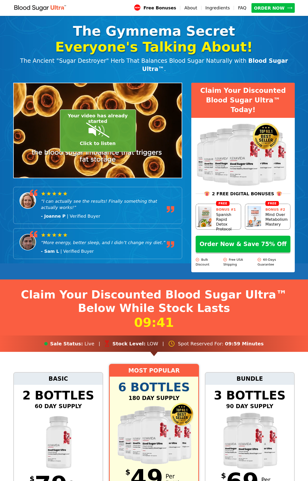 Fake Doctor Diabetes Drops Scam Exposed: Full Investigation and Warning 1 Blood Sugar Ultra page promoting a Gymnema sugar destroyer secret and discounted bottle bundles