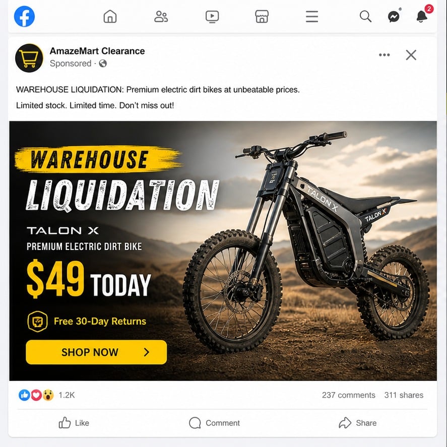 Amazon $49 E-Bike Clearance Scam: Clone Stores, Fake Sales and Missing Orders 1 Sponsored warehouse liquidation ad promoting a fictional electric dirt bike for $49