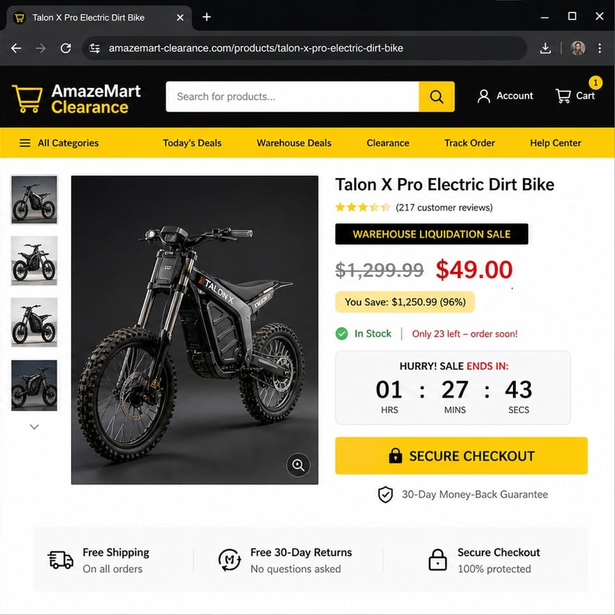 Amazon $49 E-Bike Clearance Scam: Clone Stores, Fake Sales and Missing Orders 2 Clone marketplace storefront listing an electric dirt bike for $49