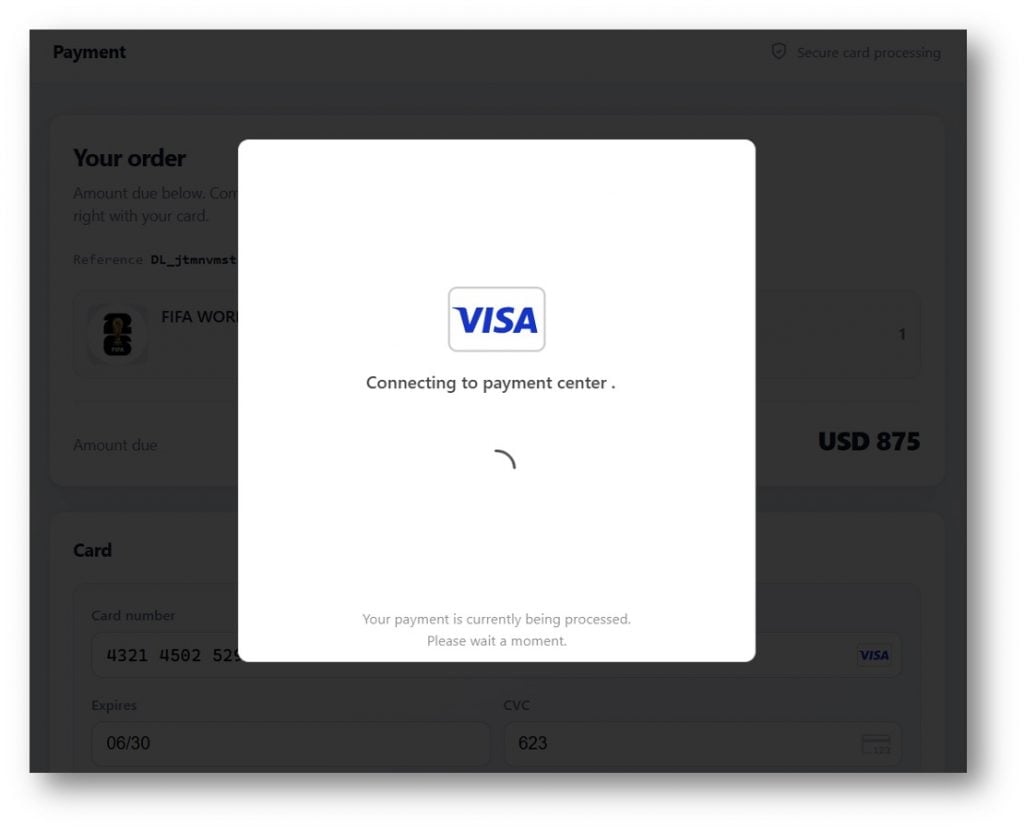 Fake FIFA Hospitality Scam Steals Bank Codes 3 Fake FIFA hospitality checkout showing a card payment processing screen