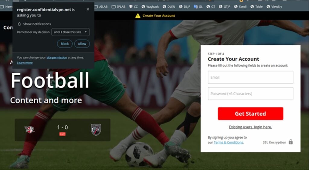 Free FIFA Stream Scam Steals Passwords, Not Goals 3 Fake football streaming registration form requesting an email password and browser notification access