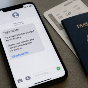 Realistic fake flight update text displayed on a phone beside travel documents